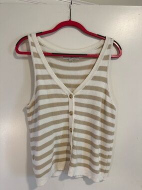 LOFT Cream and Tan Striped Button-Front Knit Tank
